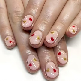 24Pcs Valentine's Day Press on Nails Short Oval Fake Nails with Red Gold Glitter Designs Hearts Glue on Nails Romantic Valentines Love Heart Stick on Nails Polka Dots Acrylic Glue on Nails for Women