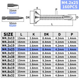 Pack of 160 Self-Tapping Screws Countersunk Head M4.2 x 25 mm Tapping Screws Countersunk Head 410 Stainless Steel Drilling Screws Cross Head Screws Self-Tapping with Two PH1 Bits Metal Screws for
