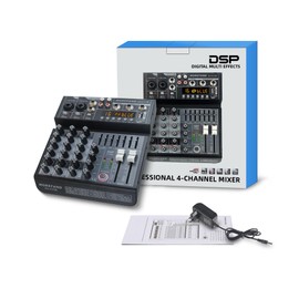 Morefand DJ-4 USB Professional Audio Mixer, 4-Channel, Bluetooth 5.0, 16 DSP Effects, 7-Band EQ, 48V Phantom Power