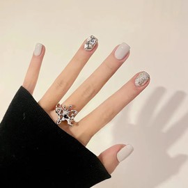 FOXIIU Press on Nails Square Short White Glossy Full Cover Acrylic Short Square Shaped Glitter False Nails with Rhinestone Designs Artificial Fake Nails with Glue Stick on Fingernails for Women