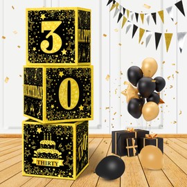 MEYSIMOON 30th Birthday Decorations Boxes for Him 3 Black Gold Paper Boxes Printed 30 Thirty Happy Birthday,Men Women Dirty 30 Years Old Birthday Party Anniversary Backdrop Supplies (30th)