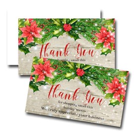 Snowy Christmas With Red Poinsettias Holiday Themed Thank You Customer Appreciation Package Inserts for Small Businesses, 100 2" X 3.5” Single Sided Insert Cards by AmandaCreation