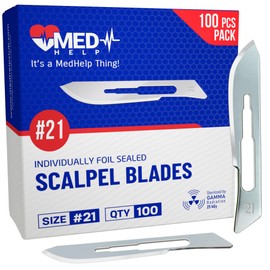 MedHelp Pack of 100 Disposable Scalpel Blades #21, Size 21 Surgical Blades, High Carbon Steel Dermaplane Blade Tool. Individually Wrapped #21 Scaple Blade, Sterile