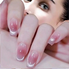 Pure Handmade Nails Press on Nail Reusable Fake Nails Short Red Cat Eye Medium Stick on Nails French Tip False Nails 10pcs (S, TB0049)