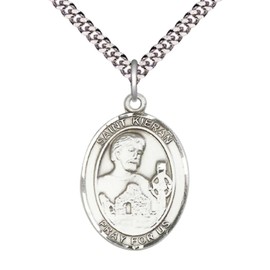Saint Kieran Medal Necklace– Sterling Silver Pendant with 24-Inch Light Rhodium Plated Heavy Curb Chain – Patron Saint of the Diocese of Ossory, Ireland – Velvet Gift Box Included