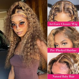 FIRIEYA 4/27 Highlight Lace Front Wigs Human Hair Pre Plucked 180 Density 4X4 Ombre Honey Blonde Deep Wave Lace Closure Wigs for Women 26 Inch