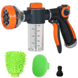 Upgrade Dog Washing Hose Attachment, 8 Way Spray Pattern Garden Hose Nozzle with Soap Dispenser, Dog Wash Supplies with 2 type Dog Bath Brush, Dog Comb and Toothbursh, Car Washing Mitt(with hand)