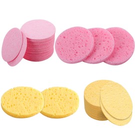 60 Pieces Face Sponge, 6 cm Compressed Face Sponges Washable Cellulose Face Sponges for Washing Your Face Makeup Remover (Pink, Yellow)