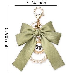 Bow Pearl Wristlet Key Ring for Womens Car Keys Organizer Pearl Keychains for Keys Aesthetic Ribbon Bow-Knot Key Chains Key Accessories for Women Christmas Green Bow Key Ring Wrist Lanyard