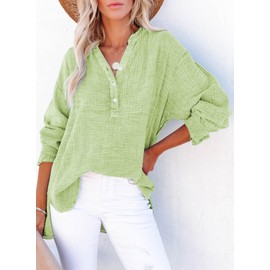 Dokotoo Summer Tops for Womens Button V Neck Long Sleeve Shirts Solid Color Lightweight Comfy Cotton Textured Fabrication Tunic Tops Oversized T Shirts 2025 Spring Green 2XL