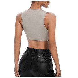 OYOANGLE Women's Cut Out Lace Up Round Neck Tie Front Asymmetrical Hem Crop Tank Top Light Grey Large