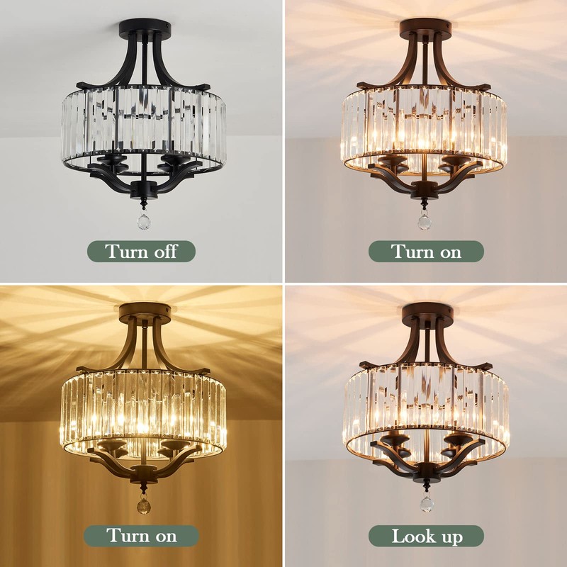 Piepooye Modern Crystal Chandelier 4 Lights Black Semi Flush Mount