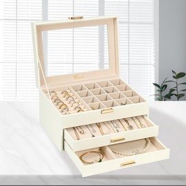 Voova Jewelry Box Organizer for Women Girls, 3 Layer PU Leather Jewelry Storage Case with Glass Lid & 2 Drawers, Large Jewellery Display Holder for Necklaces Rings Earrings Bracelets, White