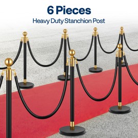 VIVOHOME Stainless Steel Stanchion Post Queue 6PCS Pole w/ 4 Red Velvet Ropes, Crowd Control Barriers w/Fillable Base for High-end Venues, Museums, Party Supplies (6 Pieces, Black and Golden)