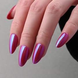 Stbisen Chrome Press on Nails Short Almond, Pink-Purple Press on Nails Almond, Fashion Gel Fake Nails, Reusable Glossy Stick on Nails for Women, Glue on Nails Kit,15 Sizes - 30Pcs