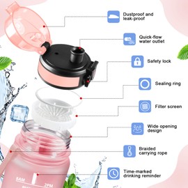 JAPORIA Bottiglia Acqua 1L, Borraccia con Filtro, Borraccia Motivazionale, Borracce con Scala Temporale, Senza BPA, Riutilizzabile, per Outdoor, Palestra, Sport