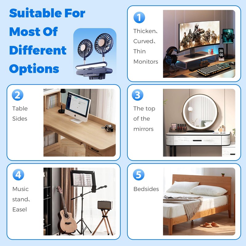 3-Level Dimmable Clip-On desktop lights with Dual Gooseneck Fans, 360°