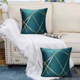 40 x 40 cm, Velvet Cushion Cover, Set of 2, Decorative Cushion Covers, Green/Gold Line Geometry, Decorative Cushion Covers, Sofa Cushion, Couch Cushion, Decorative Cushion Covers for Bedroom, Sofa,