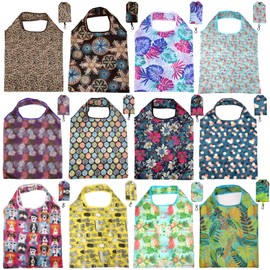 INVODA Foldable Reusable Grocery Shopping Tote Bags Eco-friendly Portable Large Nylon Travel Recycled Bags Machine Washable, 12 Pcs, Large