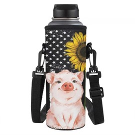 COEQINE Portable Water Bottle Cup With Cute Pig US Flag, Sunflower Water Cup Sleeves With Strap for Little Gilrs School
