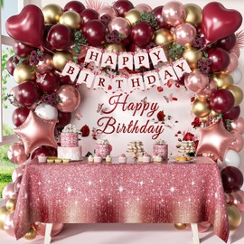 Burgundy Birthday Decorations, Burgundy Rose Gold White Balloons Happy Birthday Banner Burgundy Tablecloth Backdrop for Happy Birthday Decorations for Women Adults