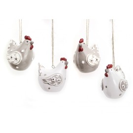TEMPELWELT 4 x Decorative Pendant Chicken / Chicken / Hen, 6 cm, Ceramic Grey / White / Red for Hanging, Branch Jewellery, Decorative Hanger, Spring, Easter, Easter Decoration
