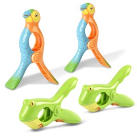 Beach Towel Clips, Sopito Jumbo Size Towel Clips for Beach Chairs Cruise Patio and Pool Accessories, Set of 4 (Green Orange Frog Parrot)