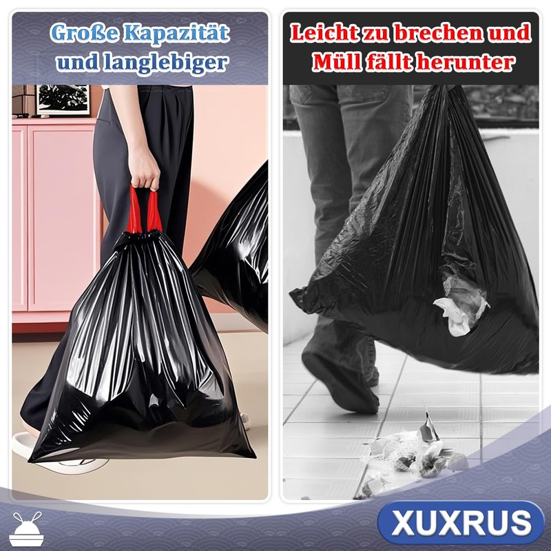 XUXRUS Schwarz Müllbeutel 60L mit Zugband Mülltüten mit Tragegriff Groß