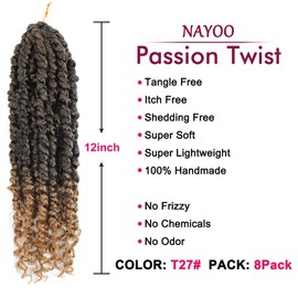Passion Twist Hair - 8 Packs 12 Inch Passion Twist Crochet Hair For Women, Crochet Pretwisted Curly Hair Passion Twists Synthetic Braiding Hair Extensions (12 Inch 8 Packs, T27)