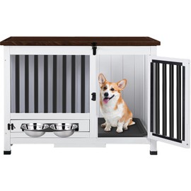 Agitree 33.3 Inch Wooden Dog Crate Furniture - Multi-Functional Dog Crate Side Table with 360° Swivel Feeder for Small and Medium Dogs with Removable Tray, Easy to Assemble, Easy to Clean