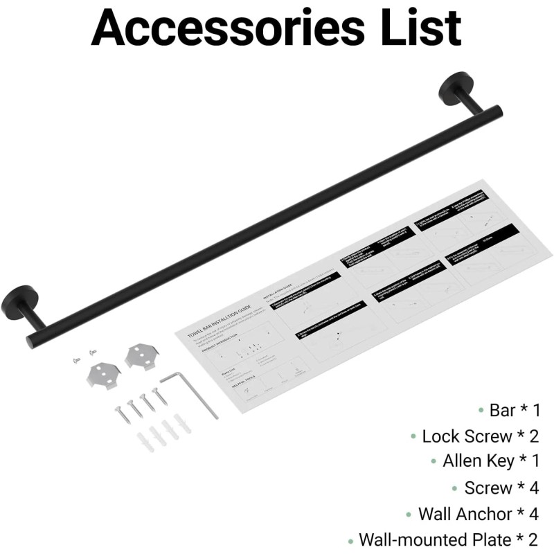 IOQ 30" Matte Black Towel Bar, Towel Rack for Bathroom