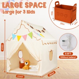 Large Kids Play Tent House with Star Lights, Colorful Flags, Padded Mat & Felt Basket, Indoor Outdoor Playhouse for Boys & Girls Tent Playhouse, 53x51x39 inch (Battery Not Include)
