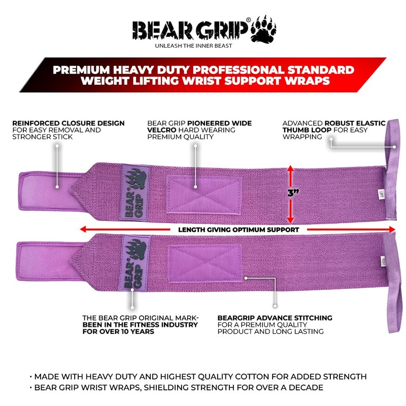 BEAR GRIP - Weight Lifting Wrist Support Bands (Pastel Purple)
