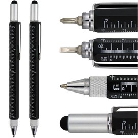 2Pcs 6-In-1 Multifunctional Tech Pen Gadgets Tool, Men's Cool Small Tool, Touch Screen Stylus, Ruler, Level, Screwdriver Set, Ballpoint Pen for Men Husband Engineer Teacher Friend (BK)