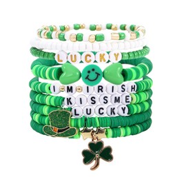 9Pcs St. Patrick's Day Bracelet Stackable, Green Shamrock Hat Charms Stretch Bracelet Elastic Clay Heishi Letter Beads Bracelet Irish Green Shamrock Bracelet Set Jewelry Gift for Party Carnival Parade