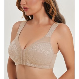 Curyon Minimizer Bras for Women Front Closure Back Support Full Figure Jacquard Beige 36C