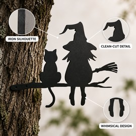 Iron Witch & Cat Garden Stake for Outdoor Decor – Branch Silhouette Accent for Garden, Lawn & Courtyard