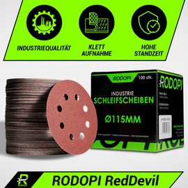 RODOPI RedDevil Velcro Sandpaper 115 mm Grit 40-320 Sanding Discs for Random Orbital Sanders 8 Holes Zirconia Corundum Sanding Pads Round Velcro Disc - Pack of 100 Mix