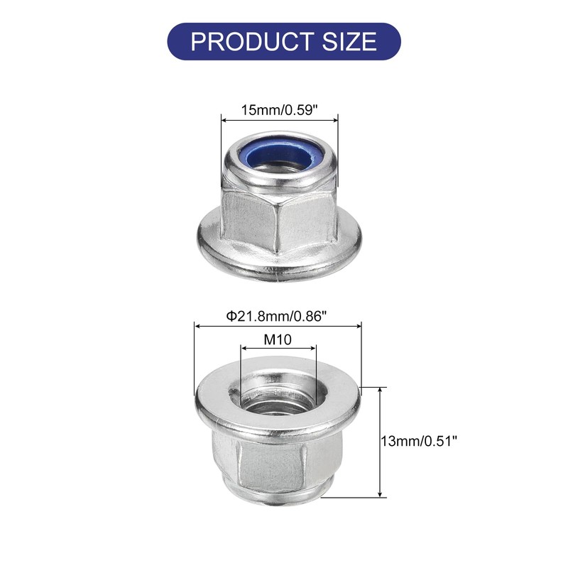 sourcing map M10x1.5mm Flange Nylon Insert Lock Nuts, 35Pcs 304