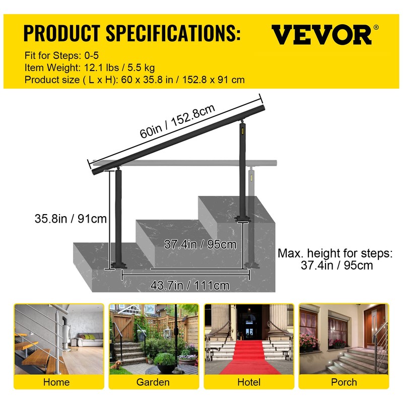 VEVOR Outdoor Stair Railing Kit, 5 FT Handrails 0-5 Steps,