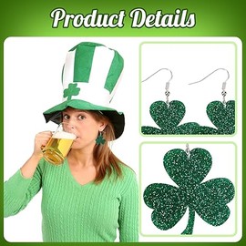 2 Pcs St Patrick's Day Accessories,Green Clover Earrings,Glitter Shamrock Dangling Earring,St Paddy's Day Accessories,Irish Fancy Dress,Lucky Gifts,for Women/Girls/Kids Festival,Party Decoration