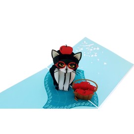iGifts And Cards Tuxedo Cat 3D Pop-Up Card – Apple Basket & Red Glasses – 6" x 6" Whimsical Surprise for Cat Lovers, Teachers, Graduations, Birthdays & Thank You Moments