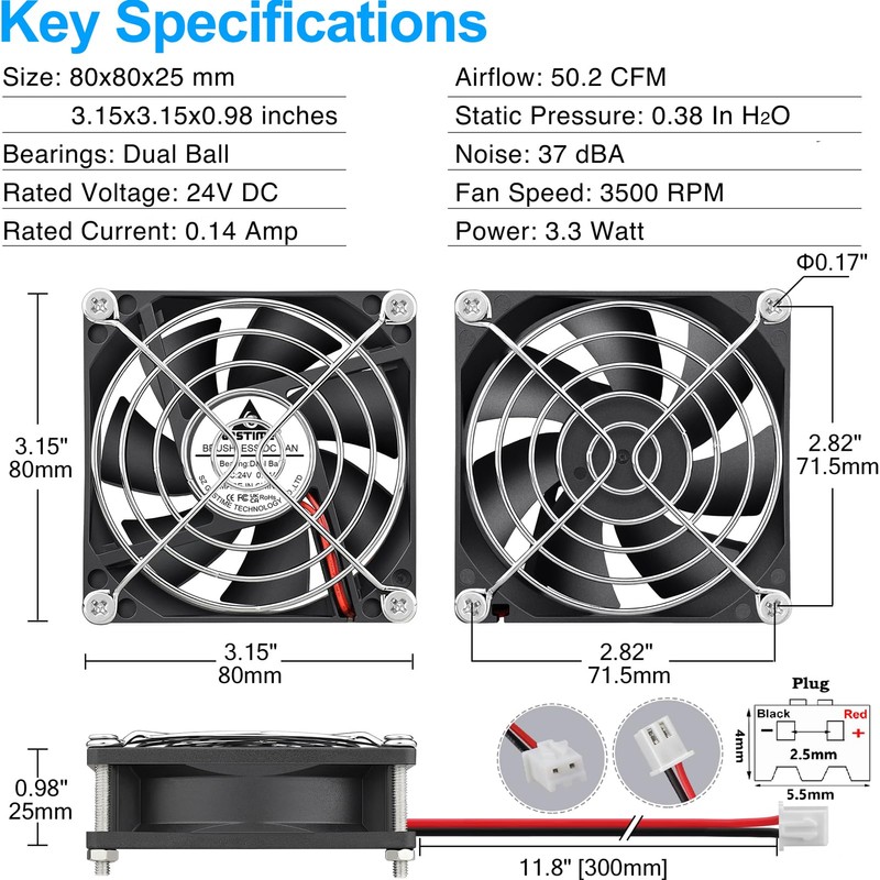 GDSTIME 2-Pack 80mm x 80mm x 25mm 24V Brushless DC