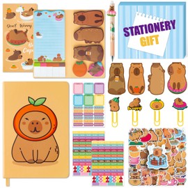 B1ykin Notebook Sticky Notes Stationery Set, 6Pcs Hardcover Ruled Journal Notebook with Planner Stickers, Neutral Pen Bookmarks Clips Birthday Gift for Office Students (Capybara)