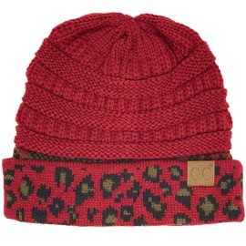 CC Winter Fall Trendy Chunky Stretchy Cable Knit Beanie Hat (Leopard Burgundy)