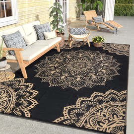 Yamaziot Outdoor Rug 6' x 9', Waterproof Reversible Plastic Straw Rug, Large Outdoor Rugs Mats RV, Picnic, Backyard, Balcony, Porch, Beach, Black Brown