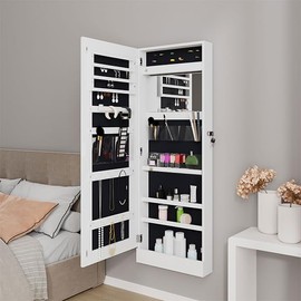 SDHYL Jewelry Organizer, 42.5'' H Wall/Door Mounted Mirror Jewelry Cabinet with LED Lights, Lockable Storage, White