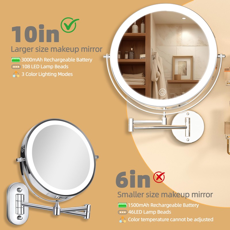 Batuso 10" Wall Mounted Makeup Mirror with Light, 3000mAh Rechargeable