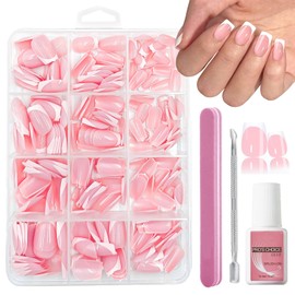 Press on Nails - 240 Pcs French False Nails Short - French Tip Nude Color False Nail Kit - Cute Short Full Cover Stick on Nails Nail Art Manicure Decorations for Girls Women