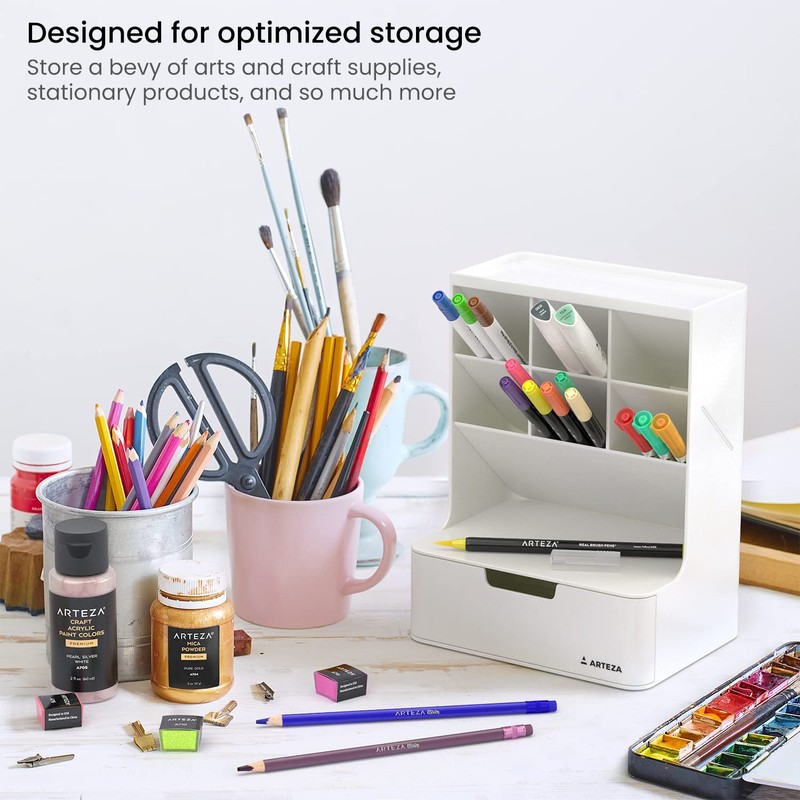 ARTEZA Desktop Pen and Marker Organizer, 6-Compartment White Pen Holder